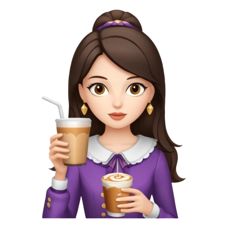 white brunette with brown eyes and a coquette outfit, drrinking caramel machiatto sticker