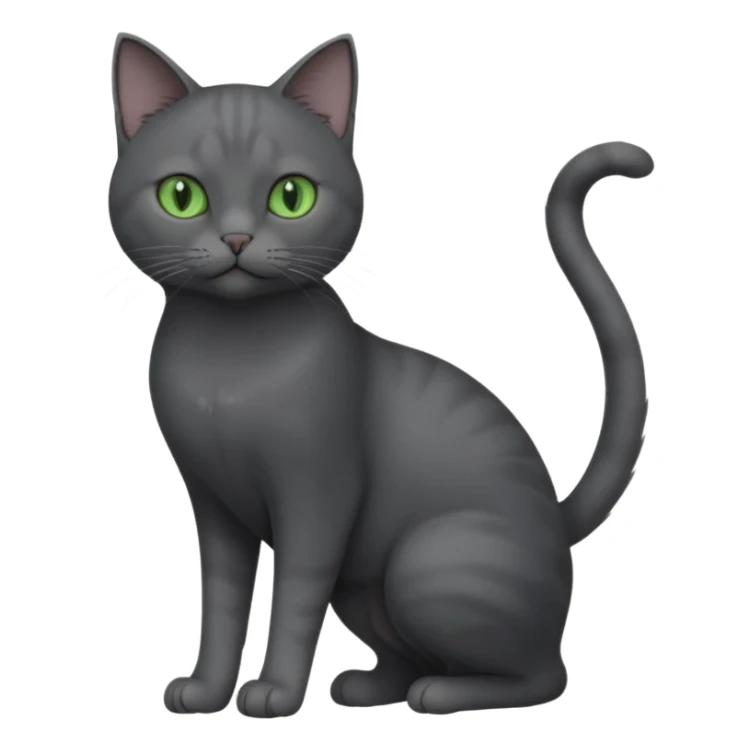 full body view of beautiful female solid dark grey cat with green eyes, grey face, white toes/paws and small white patch on her chest sticker