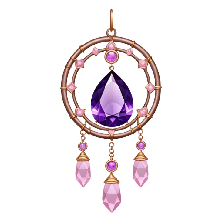 Hanging suncatcher, threads with shiny sparkly amethyst and rose-quartz gemstones,  sticker