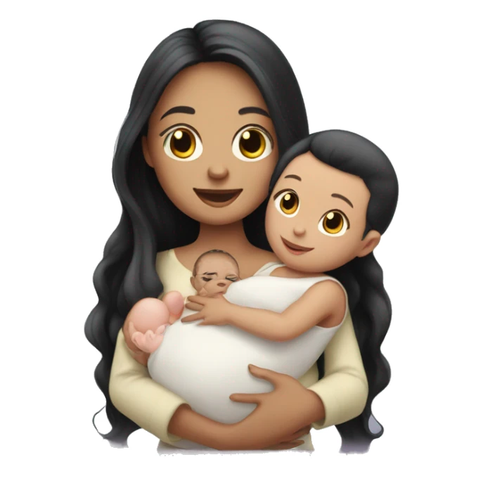 Pale girl with long black hair is holding a newborn baby sticker