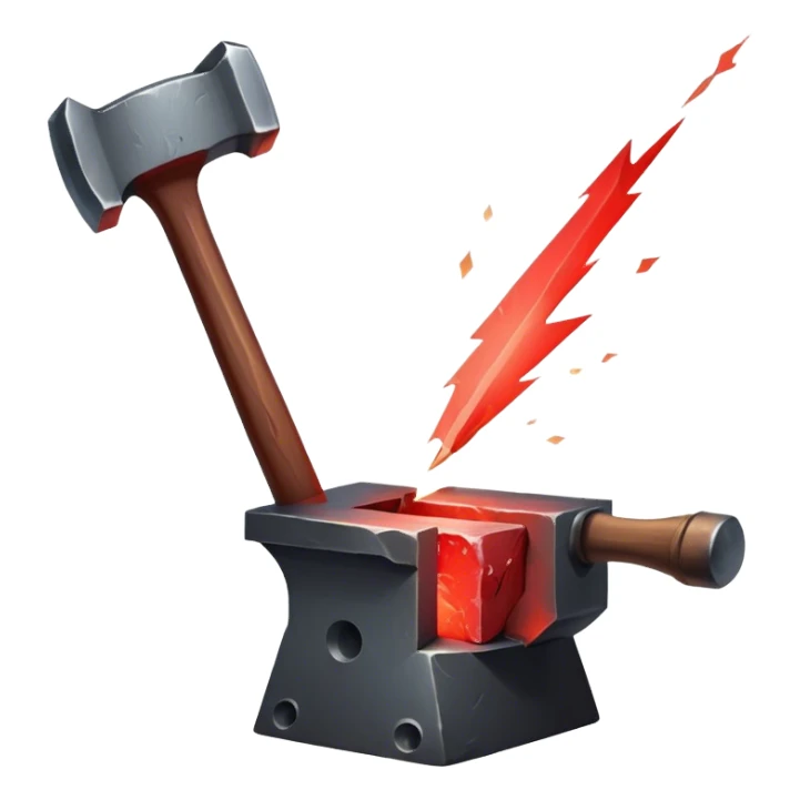 Blacksmithing icon, piece of metal being hammered on an anvil, blacksmith's hammer, sparks flying, glowing red metal, forge in the background, minimalistic style, clean lines, transparent background. sticker
