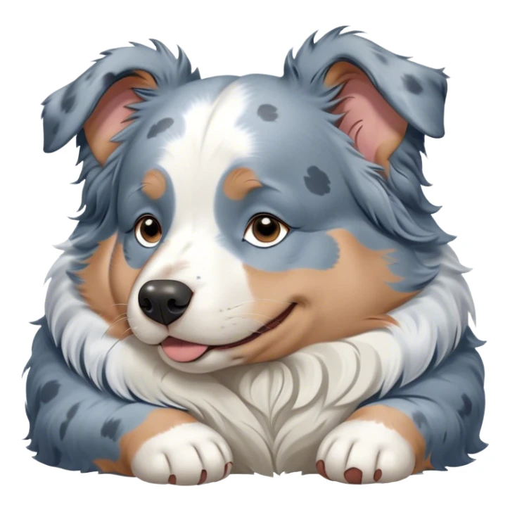 Cinematic Meme-Worthy Chubby Sleeping Blue Merle Australian Shepherd Portrait Emoji, Head resting peacefully with a contented smile, showcasing a delightfully chubby build and a luxuriously soft blue merle coat with striking white accents, eyes shut in a serene nap, Simplified yet hilariously adorable features, highly detailed, glowing with a soft, drowsy light, high shine, relaxed and utterly lovable, stylized with an air of playful laziness, bright and heartwarming, soft glowing outline, capturing the essence of a comically sleepy Blue Merle Australian Shepherd, so meme-worthy it feels like it could instantly become the next viral sensation of adorable slumber! sticker