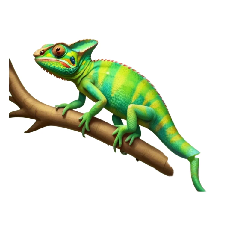 Giant Chameleon blending into natural surroundings, perched on a branch. Its vibrant colors shift with the environment. Lush greenery, branches, and soft sunlight create a peaceful, nature-filled background. Transparent background, showcasing the chameleon's colorful, textured skin. sticker