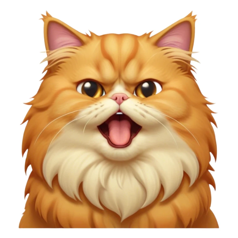 Cinematic Derpy Grumpy Comical Orange Persian Cat Portrait Emoji, Head tilted playfully with an adorably awkward yawning expression, fluffy orange fur with soft cream and golden undertones, Simplified yet hilariously derpy features, highly detailed, glowing with a warm but slightly confused glow, high shine, a mix of lazy and clueless, stylized with a touch of whimsy, bright but with a completely derpy and grumpy face, soft glowing outline, capturing the essence of a quirky yet chubby, grumpy kitty, so endearing it feels like it could stretch out of the screen and demand attention with its wonderfully derpy charm while yawning! sticker