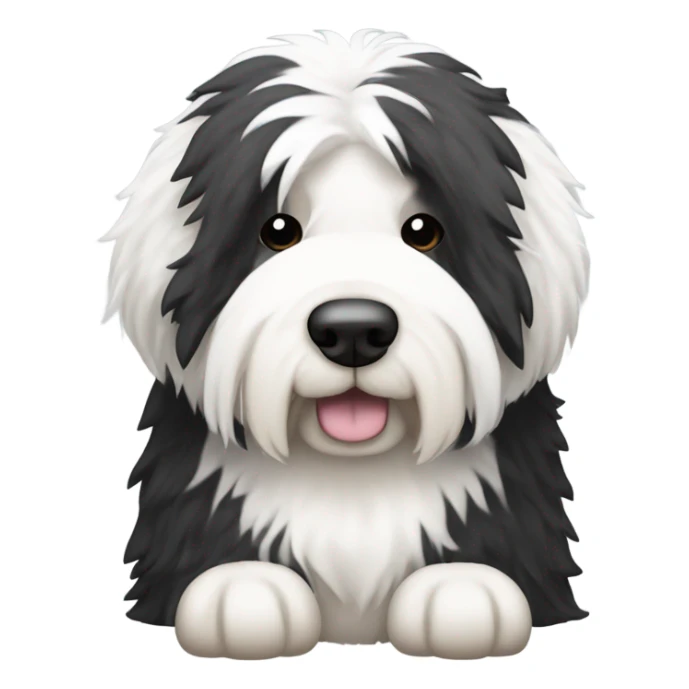 Old English sheepdog with a half and half face like a black (right side) and white (left side) cookie sticker