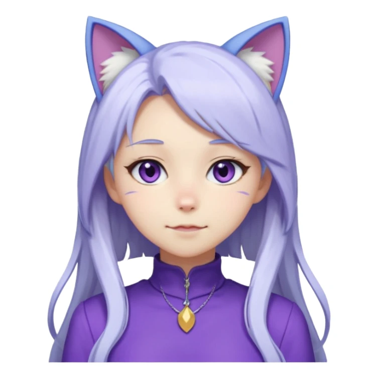 female anime character with long white hair and periwinkle highlights and cat ears on her head. She is wearing a purple outfit with a high neckline and long sleeves.  sticker