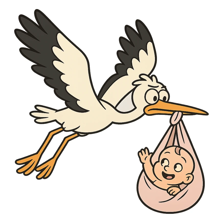 stork flying with a human baby in a bundle, flat toon style sticker