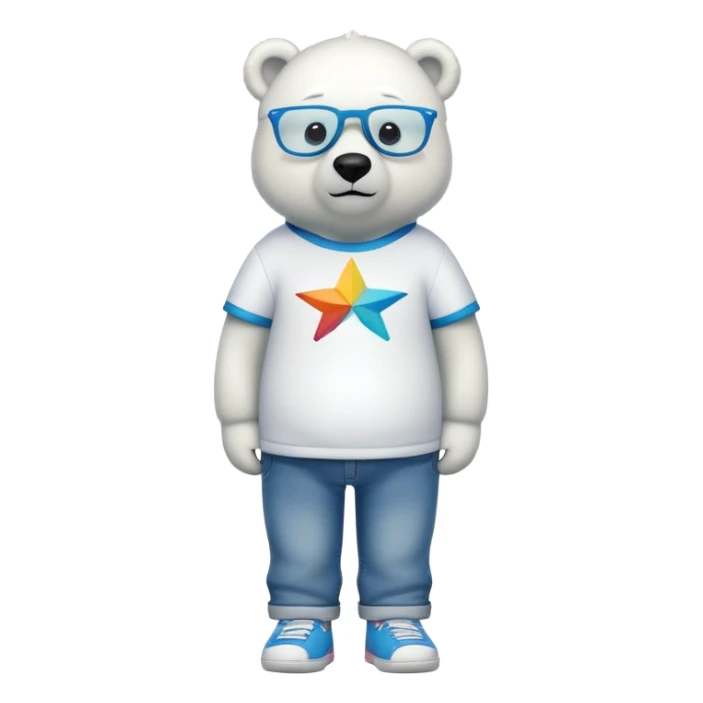 friendly anthropomorphised polar bear standing upright, looking chilled and unbothered, wearing a shirt, jeans, trainers, star-shaped colorful glasses sticker