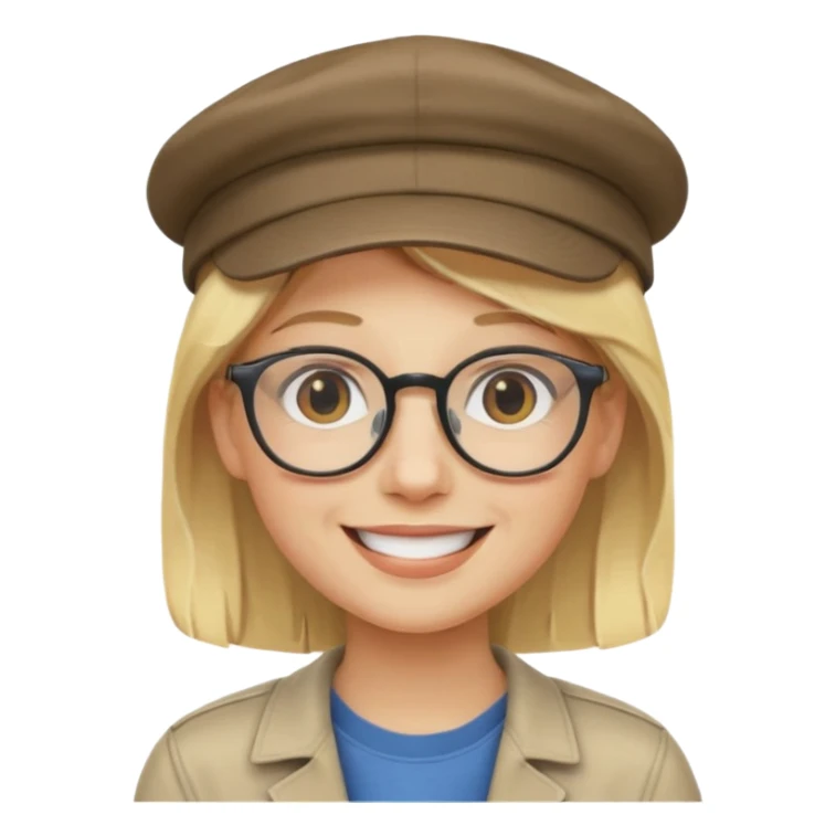 smiling person with glasses, blonde hair, and a cap, iOS-style emoji, simplified and expressive sticker