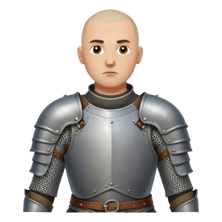 medieval battle armor worn by a DnD themed fantasy character. basic full plate cuirass with leather straps and a chainmail coif. armor only above the waist. The armor full waist. The character's haven't arms. character is shaved head gray eyes scarred face light-skinned man. sticker
