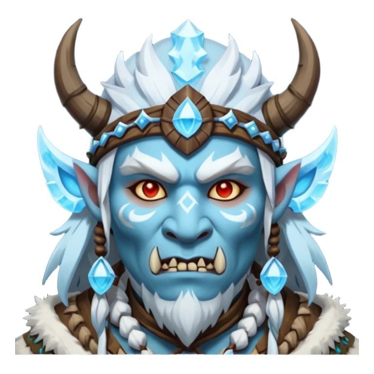 Fantasy Christmas orc shaman icon, ice spirit magic theme, glowing runes, winter tribal mask elements, mystical cold atmosphere, emoji sized portrait, male/female variant sticker