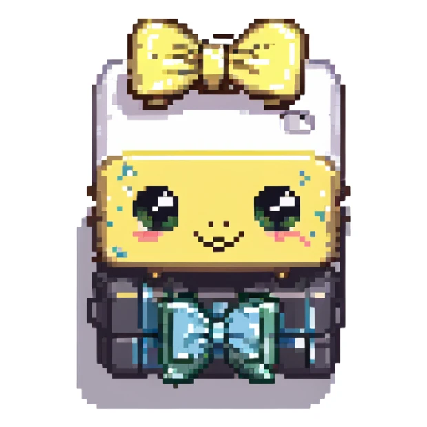 pixel art of a battery with a bow and eyelashes, smiling, chibi style sticker