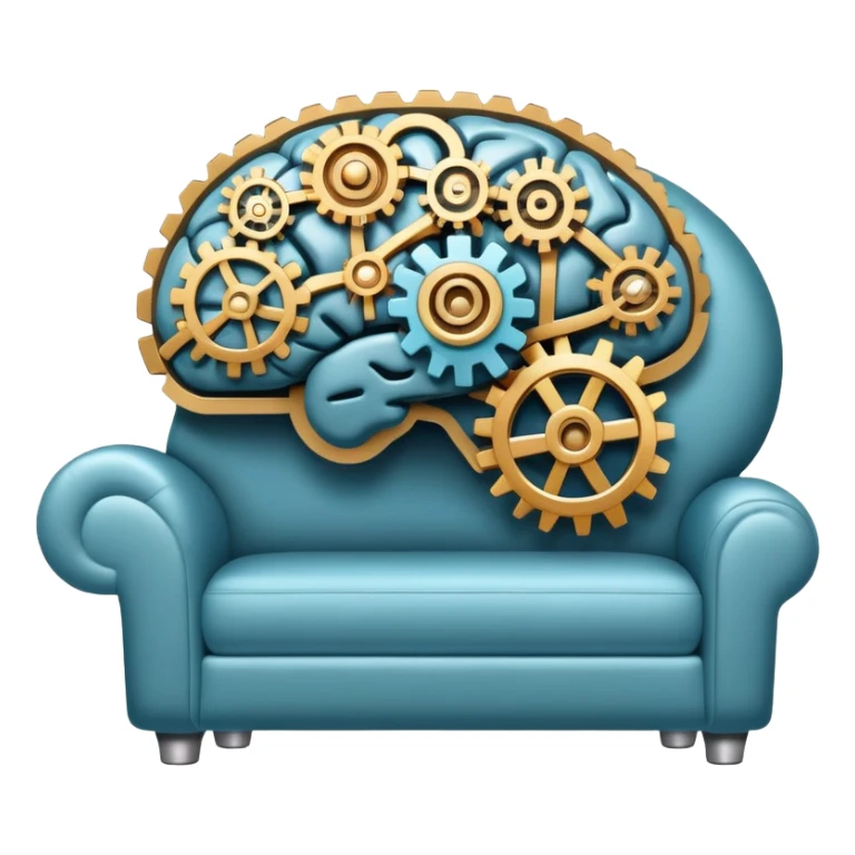 An icon featuring a brain with gears, a mind map, and a therapy couch, symbolizing psychology. The design includes a set of mental health tools, representing understanding the human mind. Transparent background sticker