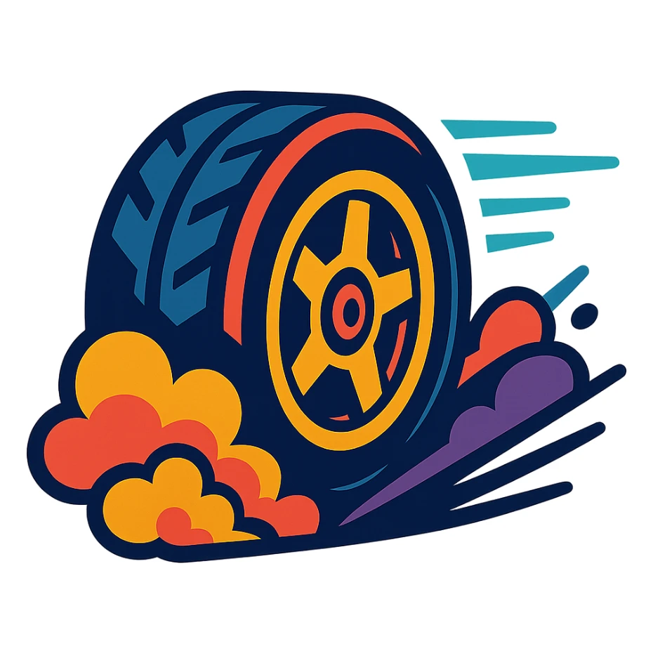 stylized tire with exaggerated smoke and speed lines, vibrant colors, modern illustration sticker