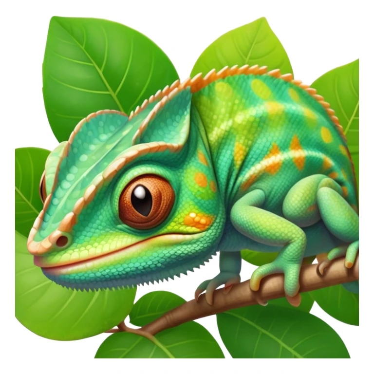 cinematic cute-smiling baby chameleon-realistic emoji,-blending-with-vibrant-greenery.-detailed-scales-in-shifting-colors,-showing-the-chameleon’s-ability-to-camouflage.-soft-natural-light-highlights-its-texture.-light-background, zoomed into its face sticker