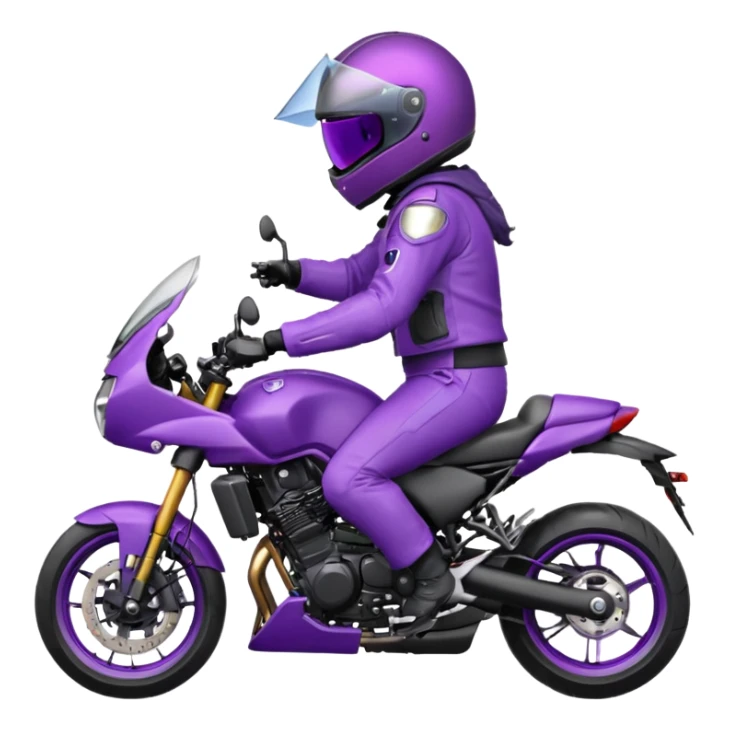 Créer un emoji avec une moto mt07 sport noir mate / violet iridescent très foncé. Avec une pilote dessus visière violet sombre faceless, bulle de la moto violet. Avec fond arrière violet, tenue complète casque inclus violet  sticker