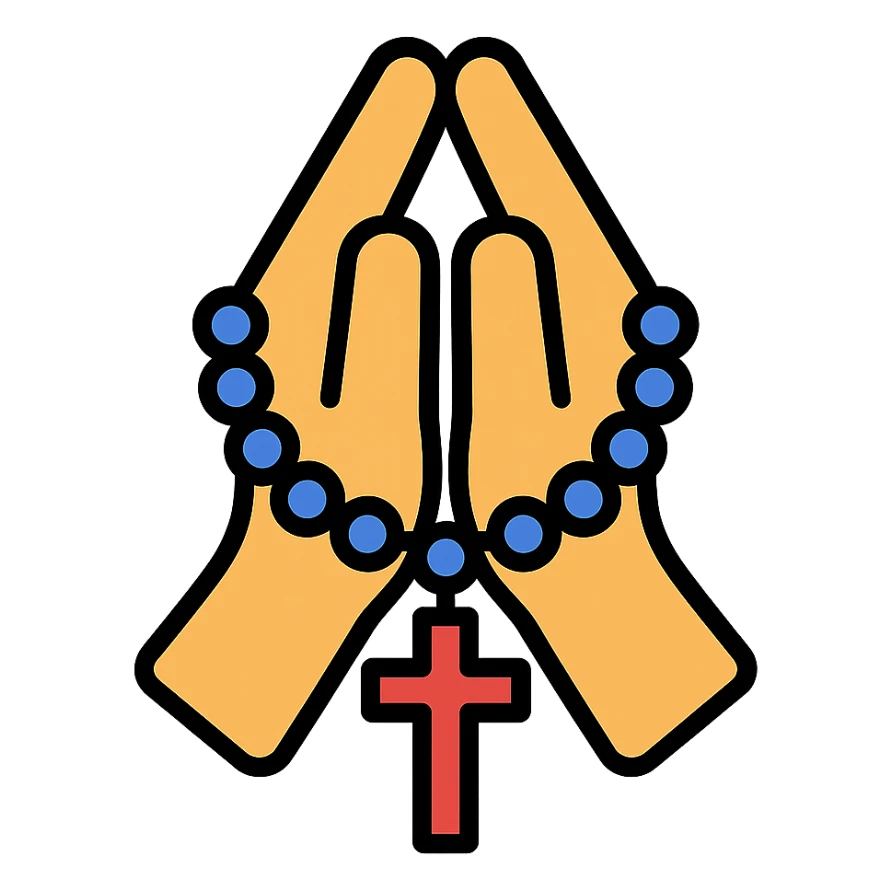 clasped hands holding a rosary, color outline icon style sticker