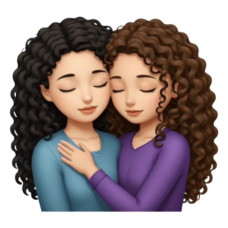 Both girls eyes closed facing each other foreheads touching Girl with really long black curly wavy hair taller and light brown tan skin hugging another girl with medium length brunette curly hair short and long eyelashes sticker