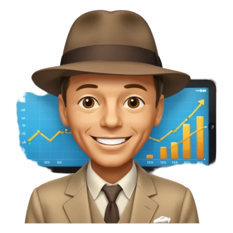 Frank Sinatra with the hat on, smiling and showing data analytics on a screen in the background sticker