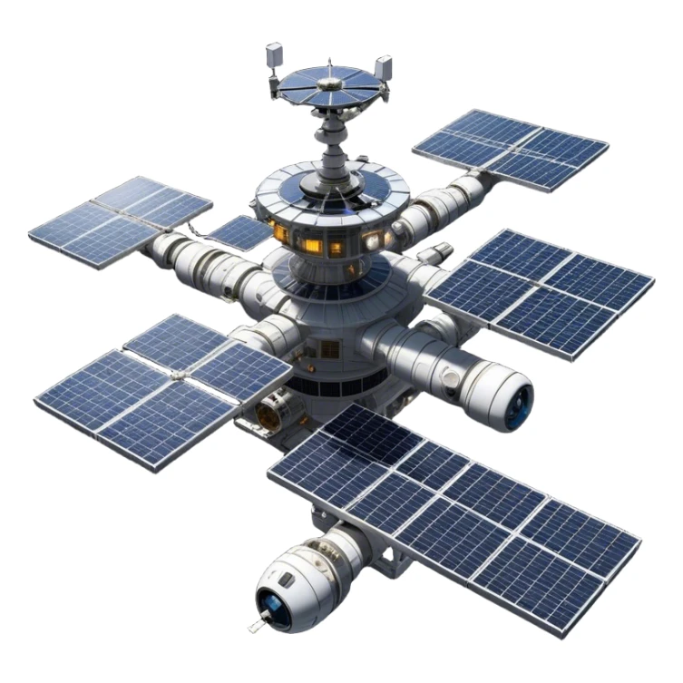  Cinematic Realistic Space Station – A highly detailed, sprawling orbital station with complex solar panels and intricate docking modules. The metallic structure glows faintly from reflected sunlight, with the curvature of Earth and the deep blackness of space in the background. sticker