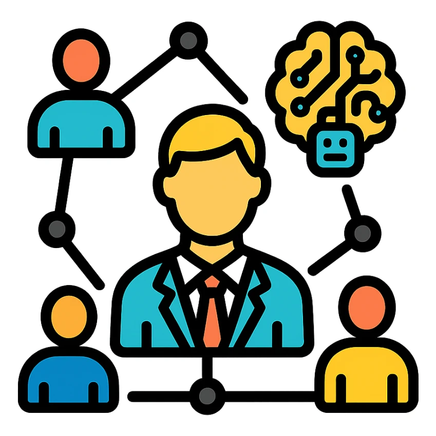 modern icon for a manager-focused AI community, showing people connected by network nodes and a hint of AI, such as a digital brain or robot outline sticker