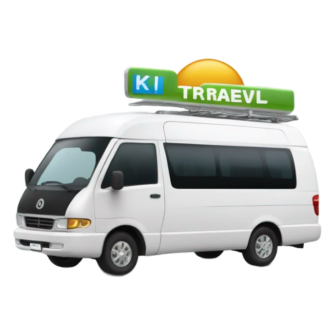 A modern tourist van with a sleek design, large windows, and a welcoming look. The van should have 'KI. Travel' written on the side in a stylish, readable font. The design should be clean and professional, suitable for a travel service. Use a minimalistic vector style with clear details. sticker