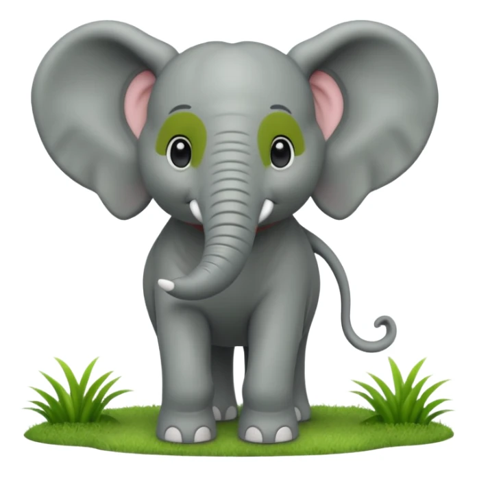 A large 3D cartoon elephant standing on green grass, smooth gray skin, big ears, curved trunk raised slightly, gentle smile, bright natural sunlight, Memoji-style. sticker