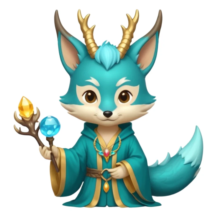 Chibi teal fox with small antler horns, confident magical expression, gold mark on forehead, teal-gold robe, holding glowing blue water orbs, with dragon tail with small antler horns on its head sticker