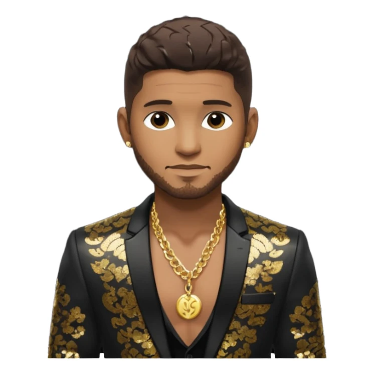 Usher with dark brown hair, black sequin suit jacket, shirtless with necklace sticker