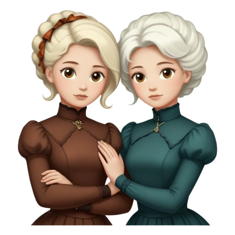 Two Victorian women with light eyes standing close together, one with bright pure white coiffed hair and one with dark copper coiffed hair, both wearing Victorian turtleneck dresses with their arms wrapped tightly around each other sticker