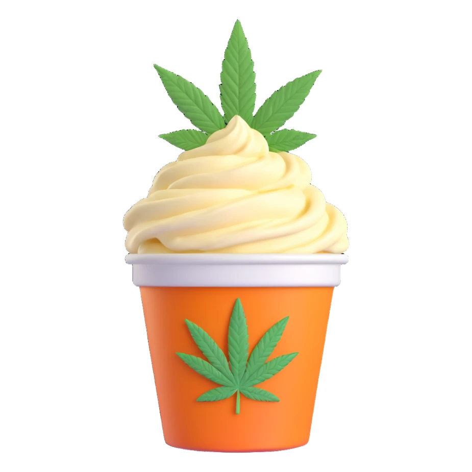 gelato in a paper cup with cannabis leaf sticker