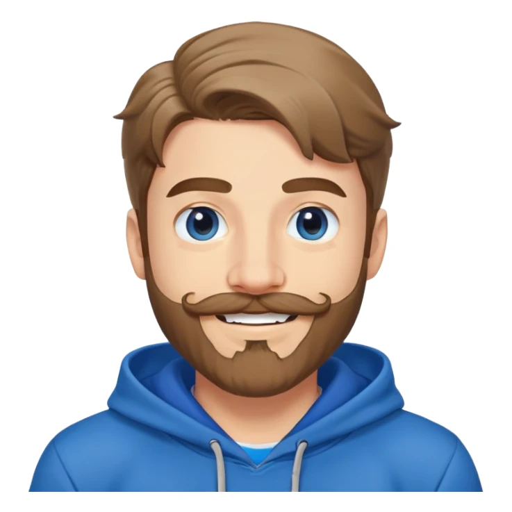 Mr. Beast wearing a blue hoodie, mustache and beard, big friendly smile sticker