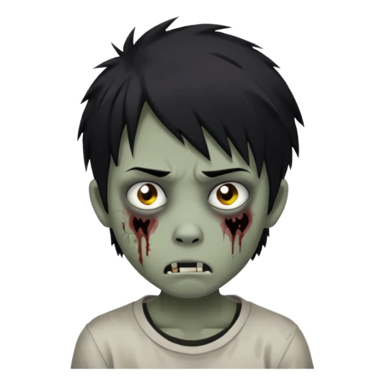 Boy, zombie, black hair, medium long,wolf cut, emo, shaggy, dark, spooky, creepy expression,sad sticker