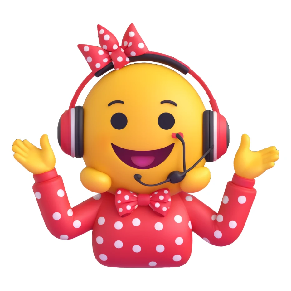 3D smiley emoji, large eyelashes, red polka dot bow, wearing headphones, smiling, waving with one hand, floating musical notes beside, cute style sticker