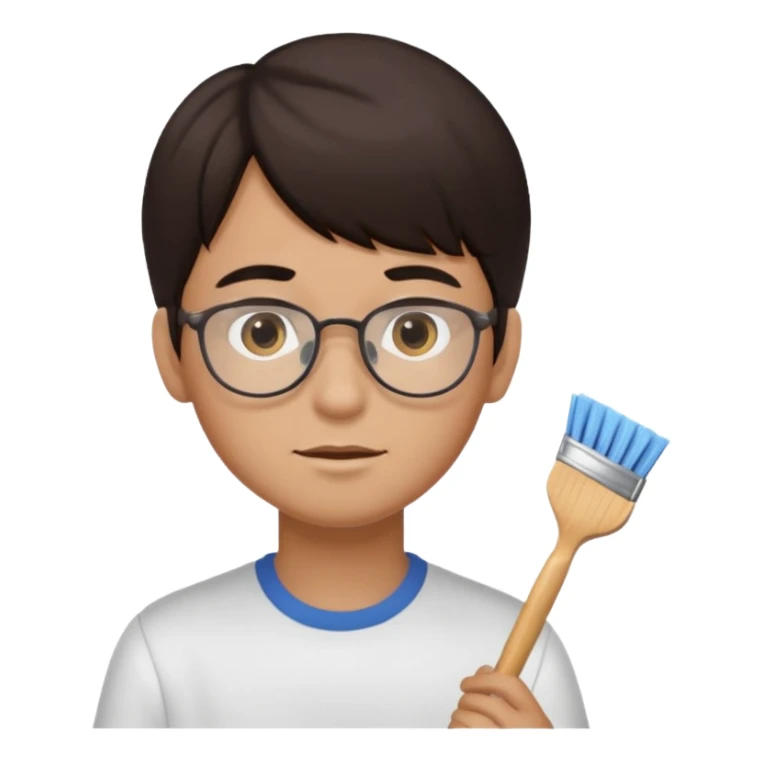 boy dark brown hair with bangs with straight eyebrows cleaning sticker