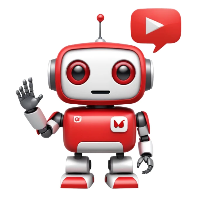 A cute 3D robot mascot icon with YouTube-style play button eyes and a speech bubble, red and white color scheme, friendly and approachable design, perfect for AI chat interface sticker
