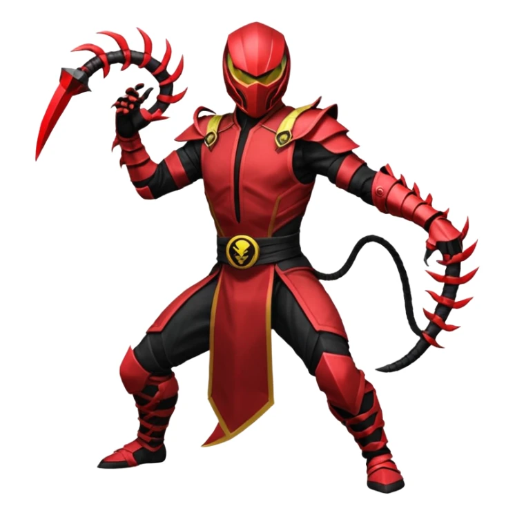 ⚡Look: Agile black-and-crimson suit with sharp angular armor Weapon: Energy whip that can split and paralyze multiple targets Details: Scorpion-like armor accents Vibe: Bold, dangerous, thrives in chaos Stance: Mid-spin, whip striking multiple foes MORTAL KOMBAT style sticker