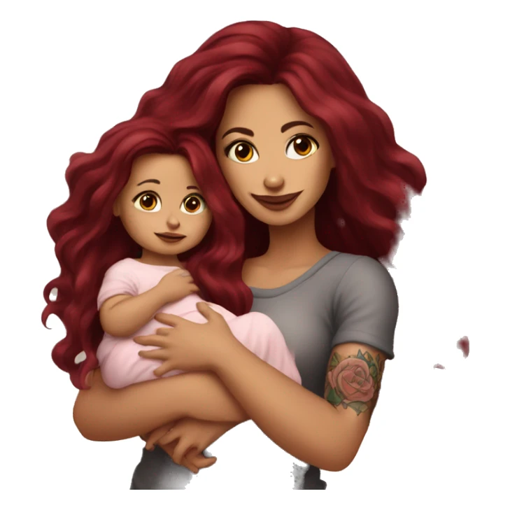 Beautiful tattooed burgundy long haired woman holding a baby sticker