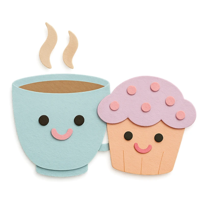 coffee cup with muffin character, smiling faces, soft pastel colors, transparent background sticker