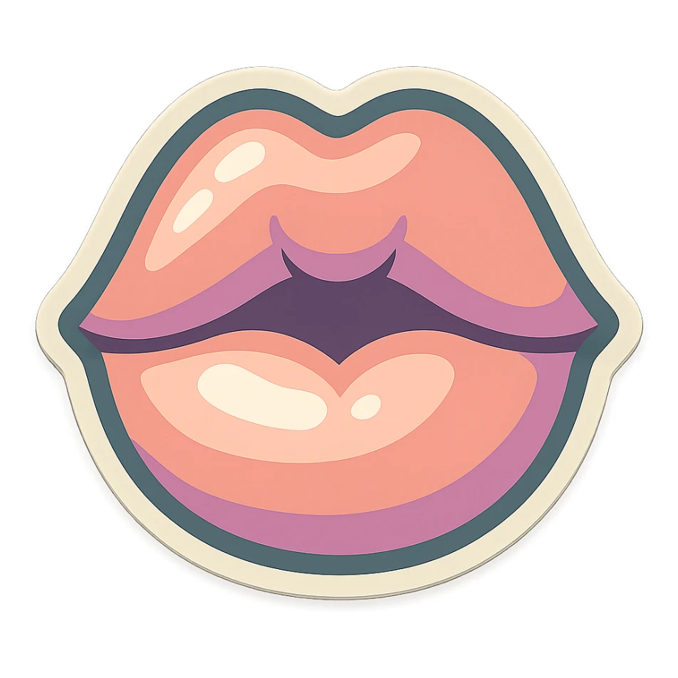 Lips with a slightly open mouth kissing the screen, facing strictly forward, with clear shadows and highlights without gradient, in retro stickers style. Thin clean outlines, soft rounded shapes, pastel palette with colors #98B5BC, #B5B3C1, #C9A3C9, #E4C0CA, #F7DCD1, #F7C0AA. Transparent background, no decorative elements. sticker