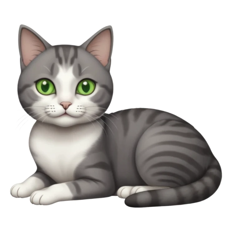 full body tiny short hair dark grey and white cat with white front legs and green  eyes lying down sticker
