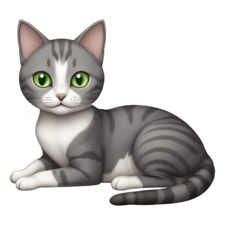 full body tiny short hair dark grey and white cat with white front legs and green  eyes lying down sticker
