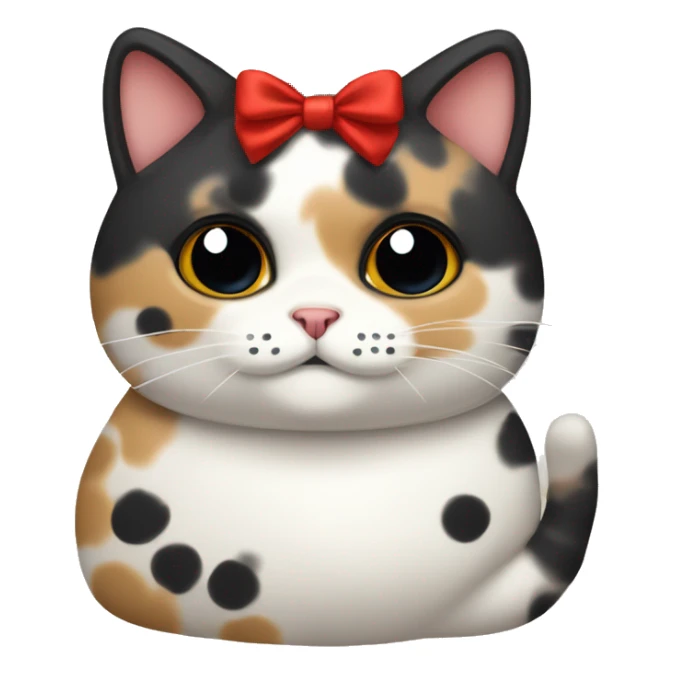Chubby Calico cat with black spots wearing a red ribbon around its neck  sticker