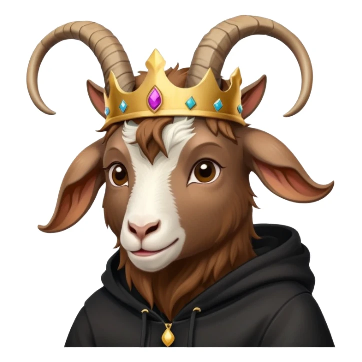 Goat with horns wearing black hoodie and a royal crown love sticker