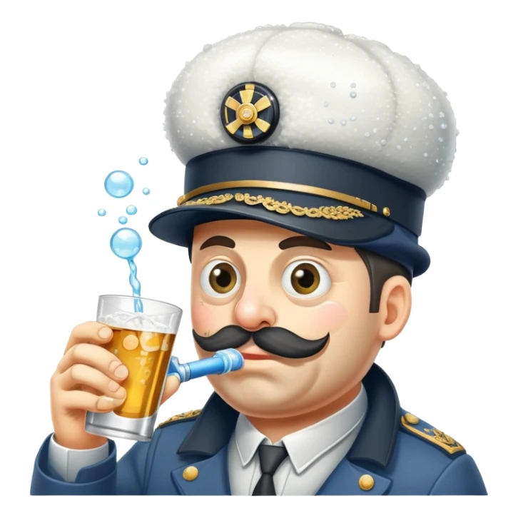 A very drunk locomotive train wearing a tilted ushanka hat, with crossed eyes, hiccuping vodka bubbles, spilling drink sticker
