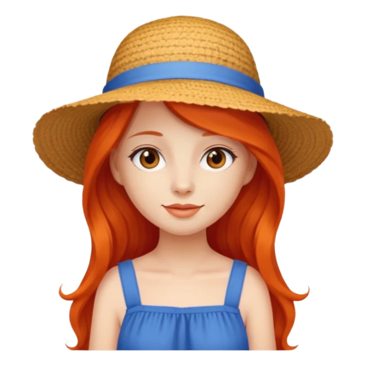girl_wearing_summer_hat, red orrange long hair, blue dress sticker