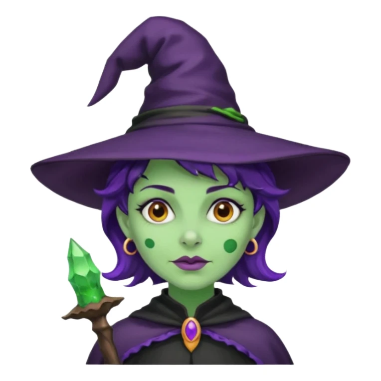 Halloween witch with purple witch hat and black short wavy witch hair
, green skin. sticker
