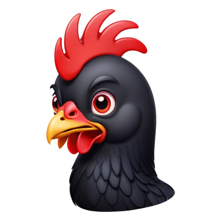 Cinematic Comical Black Chicken Portrait Emoji, Head tilted dramatically with an exaggeratedly amused expression, featuring a sleek, glossy black plumage with a bold red comb, wide, expressive beady eyes filled with playful disbelief, Simplified yet hilariously expressive features, highly detailed, glowing with a slightly sassy glow, high shine, dramatic yet playful, stylized with an air of cheeky mischief, bright and endearing, soft glowing outline, capturing the essence of a spirited and over-the-top chicken, so meme-worthy it feels like it could cluck its way into internet fame instantly! sticker