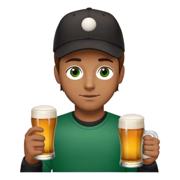 Man with brown hair, green eyes, a baseball cap, black sweatshirt, and a beer sticker