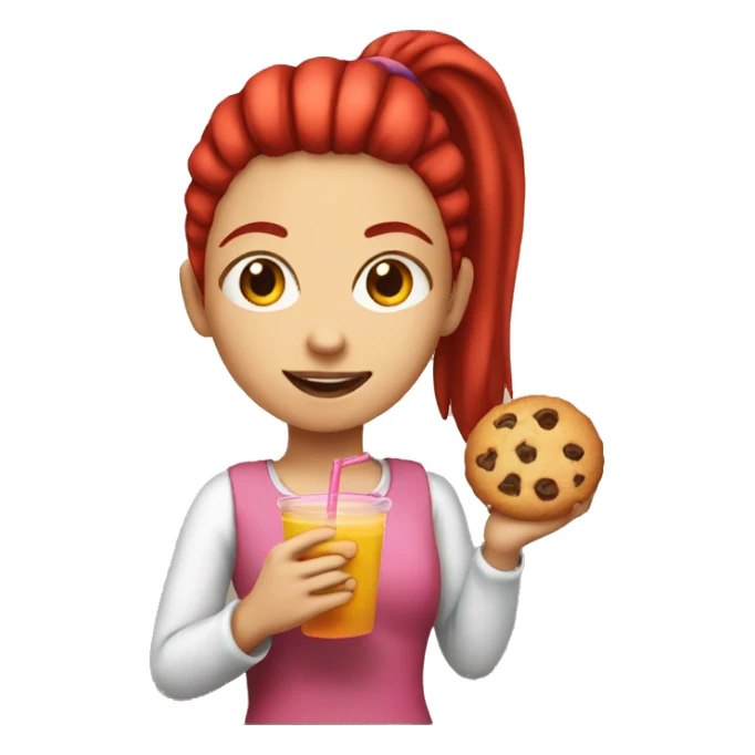 Girl with a red ponytail holding a cookie and juice sticker